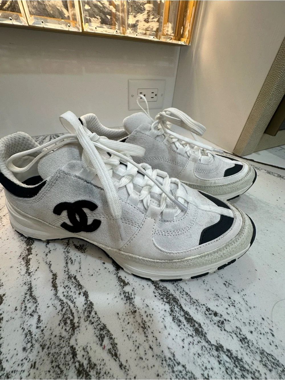 CHANEL White and Black Lace-Up Suede & Sneakers Size 39